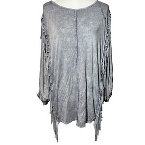 Blue Buttercup Fringe Acid Wash Tunic Top L Gray Boho Dolman
